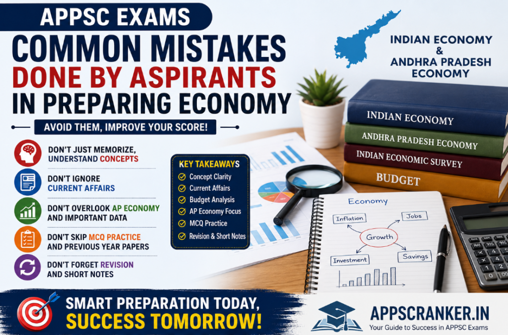 Below is your Blogger-ready formatted post. I have only organized the content with proper headings, spacing, bullet lists, callout boxes, and emphasis for better readability and SEO. I have not altered the meaning or content of your article. ### APPSC పరీక్షలకు ఎకానమీ ప్రిపరేషన్‌లో అభ్యర్థులు చేసే సాధారణ తప్పులు – తప్పించుకోవడం ఎలా? ![GBK Andhra Pradesh Economy By Bandari Dhanunjaya, Krishna Reddy 2024 E – Shopeyard](https://images.openai.com/static-rsc-4/9K8hSJ8yo3Uc62IANaJD0ItAOa0r6MvfJ1NuA3biykxfvvK1sQLMS7-UxcgOKirSJAjFtDZUiTh7eHIAuMgNi9SSUXFkqbPyZN96GqYeDn9qa3YE5FrEIiHoxIxEGsQs1ZjceKkMJz8RBNh1ABoq_iTaLLydoqXwBQgO_jriWwA?purpose=inline) ఆంధ్రప్రదేశ్ పబ్లిక్ సర్వీస్ కమిషన్ (APPSC) నిర్వహించే గ్రూప్–1, గ్రూప్–2, గ్రూప్–3, గ్రూప్–4 వంటి పోటీ పరీక్షల్లో Indian Economy మరియు Andhra Pradesh Economy అంశాలకు ప్రత్యేక ప్రాధాన్యత ఉంటుంది. ఎకానమీ సబ్జెక్ట్‌లో మంచి మార్కులు సాధించాలంటే కేవలం పుస్తకాలు చదవడం మాత్రమే కాకుండా, సరైన ప్రణాళిక, కాన్సెప్ట్‌పై అవగాహన, ప్రస్తుత ఆర్థిక పరిణామాలపై దృష్టి అవసరం. అయితే చాలామంది APPSC Aspirants ఎకానమీ చదివేటప్పుడు కొన్ని సాధారణ తప్పులు చేస్తుంటారు. ఈ తప్పులు వారి preparation time‌ను పెంచడమే కాకుండా, పరీక్షలో మార్కులు కోల్పోయేలా చేస్తాయి. ఈ వ్యాసంలో ఆ తప్పులు ఏమిటో, వాటిని ఎలా అధిగమించాలో సంబంధిత ఉదాహరణలతో తెలుసుకుందాం. ### ఈ వ్యాసంలో ఏమి తెలుసుకుంటారు? * ఎకానమీ ప్రిపరేషన్‌లో జరిగే 12 ప్రధాన తప్పులు * ప్రతి తప్పుకు సరైన పరిష్కారం * APPSC Economy Preparation Tips * Revision Strategy * AP Economy & Indian Economyని ఎలా కలిపి చదవాలి ### 1. ఎకానమీని కేవలం కంఠస్థం చేయడం చాలామంది అభ్యర్థులు ఎకానమీ అంటే నిర్వచనాలు, పదాలు, గణాంకాలు గుర్తుపెట్టుకోవడమే అనుకుంటారు. ఇది పెద్ద తప్పు. ### ఉదాహరణ Inflation అంటే ఏమిటి? అని చదివి నిర్వచనాన్ని కంఠస్థం చేసుకోవడం మాత్రమే కాకుండా, దాని ప్రభావాన్ని అర్థం చేసుకోవాలి. ఉదాహరణకు ఒక కుటుంబం నెలకు ₹10,000తో అవసరమైన వస్తువులను కొనుగోలు చేస్తుందని అనుకుందాం. ధరలు పెరిగి అదే వస్తువులకు ₹12,000 అవసరమైతే, ఆ కుటుంబంపై ద్రవ్యోల్బణం ప్రభావం ఎలా ఉంటుందో అర్థం చేసుకోవాలి. Tip Read each economic concept by asking four questions: * What is it? * Why? * How? * What is its impact? ### 2. Indian Economy మరియు AP Economyని వేరు చేసి చదవడం Another common mistake that APPSC aspirants make is to treat Indian Economy and Andhra Pradesh Economy as completely different subjects. For example, topics like agriculture, industries, service sector, poverty, unemployment, state income etc should first be understood at the national level and then linked to the conditions prevailing in Andhra Pradesh. ### Agriculture చదివేటప్పుడు * Agricultural Status in India * జనాభా వ్యవసాయంపై ఆధారపడే * పంటల వైవిధ్యత * Water runoff * Minimum Support Price (MSP) * రైతు సంక్షేమ పథకాలు వీటితో పాటు ఆంధ్రప్రదేశ్‌లోని ప్రధాన పంటలు, నీటిపారుదల ప్రాజెక్టులు, వ్యవసాయ ఆధారిత పరిశ్రమలు వంటి అంశాలను కూడా పరిశీలించాలి. ### 3. Current Affairs‌ను నిర్లక్ష్యం చేయడం ఎకానమీ preparation‌లో Current Affairs చాలా ముఖ్యమైనవి. కానీ కొందరు అభ్యర్థులు కేవలం పాత standard books చదివితే సరిపోతుందని భావిస్తారు. ### ఉదాహరణ Repo Rate అనే అంశాన్ని పుస్తకంలో చదవడం ఒక విషయం. కానీ RBI ఇటీవల Repo Rate‌ను ఎందుకు మార్చింది? దాని వల్ల— * బ్యాంకు రుణాలు * EMIలు * పెట్టుబడులు * ద్రవ్యోల్బణం పై ఎలాంటి ప్రభావం ఉంటుంది? అనే విషయాలను తెలుసుకోవడం పరీక్ష దృష్ట్యా మరింత ఉపయోగకరం. అలాగే ఈ అంశాలను ప్రస్తుత పరిణామాలతో అనుసంధానం చేయాలి. * Union Budget * Andhra Pradesh Budget * Economic Survey * RBI విధానాలు * GDP Growth * Inflation * Fiscal Deficit ### 4. Budget‌ను పూర్తిగా చదవకుండా గణాంకాలకే పరిమితం కావడం కేంద్ర మరియు రాష్ట్ర బడ్జెట్‌లలో ఉన్న ప్రతి సంఖ్యను గుర్తుపెట్టుకోవడానికి ప్రయత్నించడం సమర్థవంతమైన పద్ధతి కాదు. ### ఉదాహరణ ఒక బడ్జెట్‌లో విద్యారంగానికి ఎంత కేటాయించారో తెలుసుకోవడం ఉపయోగకరమే. కానీ— * ఎందుకు ఆ రంగానికి ఎక్కువ ప్రాధాన్యత ఇచ్చారు? * గత బడ్జెట్‌తో పోలిస్తే మార్పు ఏమిటి? * ఆ కేటాయింపుల లక్ష్యం ఏమిటి? అనే విషయాలను అర్థం చేసుకోవాలి. ### బడ్జెట్ చదివేటప్పుడు స్పెషల్‌గా గమనించాల్సినవి * Income Sources * Income (Revenue) * Capital Income * Spending on Revenues * Capital Spending * Budget Deficit * Social Welfare Programs * మౌలిక సదుపాయాల కేటాయింపులు * వ్యవసాయం, విద్య, ఆరోగ్య రంగాలకు కేటాయింపులు ### 5. Economic Terms మధ్య తేడాలను అర్థం చేసుకోకపోవడం APPSCలో conceptual questionsకు మంచి ప్రాధాన్యత ఉంటుంది. కాబట్టి ఒకదానితో ఒకటి పోలి కనిపించే పదాల మధ్య తేడాలను స్పష్టంగా తెలుసుకోవాలి. ### ఉదాహరణ GDP మరియు GNP ఒక్కటే కాకపోవచ్చు. * GDP దేశ భౌగోళిక పరిధిలో ఉత్పత్తి అయిన తుది వస్తువులు, సేవల విలువను సూచిస్తుంది. * GNPలో దేశ పౌరుల ఉత్పత్తి ఆదాయానికి ప్రాధాన్యత ఉంటుంది. ### పోల్చి చదవాల్సిన అంశాలు * Fiscal Deficit vs Revenue Deficit * Inflation vs Deflation * Repo Rate vs Reverse Repo Rate * Direct Tax vs Indirect Tax * Real GDP vs Nominal GDP అవసరం ఉన్న అంశాల్ని పోల్చి చదవాలి. ### 6. MCQs ప్రాక్టీస్ చేయకపోవడం పుస్తకాలు చదివిన తర్వాత “నాకు అన్నీ వచ్చాయి” అనుకోవడం తప్పు. Competitive examinationలో knowledgeతో పాటు Question-Solving Ability కూడా అవసరం. ### ఉదాహరణ Inflation గురించి పూర్తిగా చదివినా— > “ద్రవ్యోల్బణాన్ని నియంత్రించడానికి కేంద్ర బ్యాంకు సాధారణంగా ఏ చర్య తీసుకోవచ్చు?” అనే MCQకు సమాధానం చెప్పలేకపోతే preparationలో లోపం ఉన్నట్టే. ప్రతి Topic పూర్తయిన వెంటనే 20–30 MCQs ప్రాక్టీస్ చేయాలి. ### 7. Previous Year Questions పట్టించుకోకపోవడం APPSC గత ప్రశ్నపత్రాలు మీ preparationకు ఒక దిశానిర్దేశం లాంటివి. ### గత ప్రశ్నలను పరిశీలిస్తే * Which topics are getting more programs? * ప్రశ్నల ఎత్తు ఎలా ఉంది? * What are conceptual questions? * Based on General Awareness Questions? * AP Economyకి ఎంత ప్రాధాన్యత ఉంది? అనే విషయాలు అర్థమవుతాయి. ### ఉదాహరణ గత Question Papersలో— * Agriculture * Poverty * Budget * Banking వంటి Topics మీద ఎక్కువగా Questions ఉంటే, వాటిపై మరింత లోతుగా Preparation చేయాలి. ### 8. Too Many Books at Once “ఈ Book కూడా Good, ఆ PDF కూడా Good” అని Multiple Sources Collect చేయడం Preparationలో Confusionకు దారితీస్తుంది. ఒక మంచి Standard Sourceను Baseగా తీసుకుని, అవసరమైనప్పుడు మాత్రమే Additional Sources ఉపయోగించడం మంచిది. ### 9. Revisionకు సమయం కేటాయించకపోవడం Economy వంటి Subjectలో Concepts ఎక్కువగా ఉండటం వల్ల Revision లేకపోతే చదివిన విషయాలు త్వరగా మర్చిపోయే అవకాశం ఉంటుంది. > Revision చదవడం కంటే ఎక్కువ ముఖ్యం. ఒక Topicను 5 Booksలో ఒక్కసారి చదవడం కంటే, ఒక మంచి Sourceను 3 లేదా 4 సార్లు Revision చేయడం మంచిది. ### Spaced Revision Plan | Day | పని | | --- | --- | | Day 1 | Learn about Inflation | | Day 3 | Review – 10 Minutes | | Day 7 | MCQs Practice | | Day 15 | Short Notes చూడండి Again | | Exam ముందు | ముఖ్యమైన Points ఒకసారి Revise చేయండి | ఈ విధమైన Spaced Revision చాలా ఉపయోగకరంగా ఉంటుంది. ### 10. AP-specific Economic Dataను నిర్లక్ష్యం చేయడం APPSC అభ్యర్థులు Andhra Pradesh Economyపై ప్రత్యేక దృష్టి పెట్టాలి. ఈ అంశాలపై అవగాహన పెంచుకోవాలి. * వ్యవసాయం * ఆక్వాకల్చర్ * పరిశ్రమలు * సేవారంగం * పోర్టులు * మౌలిక వసతులు * రాష్ట్ర ఆదాయం * సంక్షేమ పథకాలు * ఉపాధి * మానవ అభివృద్ధి ### ఉదాహరణ ఆంధ్రప్రదేశ్‌లో ఆక్వాకల్చర్ ప్రాధాన్యతను చదివేటప్పుడు— * గ్రామీణ ఉపాధి * ఎగుమతులు * విదేశీ మారకద్రవ్య ఆదాయం * అనుబంధ పరిశ్రమలు పై ప్రభావాన్ని కూడా అర్థం చేసుకోవాలి. ### 11. Negative Markingను పరిగణనలోకి తీసుకోకుండా పరీక్ష రాయడం కొంతమంది అభ్యర్థులు ప్రతి ప్రశ్నకు ఏదో ఒక Option ఎంచుకోవాలని ప్రయత్నిస్తారు. Negative Marking ఉన్న పరీక్షల్లో ఇది ప్రమాదకరం. ### ఉదాహరణ ఒక ప్రశ్నకు నాలుగు Optionsలో రెండు పూర్తిగా తప్పని మీకు తెలుసు. మిగిలిన రెండింటిపై స్పష్టత లేకపోతే Blind Guessing చేయడం ముందు పరీక్షలోని Marking Schemeను పరిగణనలోకి తీసుకోవాలి. ### 12. Short Notes తయారు చేయకపోవడం చివరి దశ Revision కోసం పెద్ద పుస్తకాలను మళ్లీ చదవడం కష్టం. కాబట్టి ప్రతి Chapterకు ఈ అంశాలతో Short Notes తయారు చేసుకోవాలి. * Important Definitions * Important Committees * Aggregate Economic Indicators * Policies that are Vital * Budget Line Items * AP-specific Facts * Links to Current Affairs ### Quick Revision Checklist * Concepts అర్థం చేసుకున్నారా? * AP Economyతో Link చేశారా? * Current Affairs చూసారా? * Budget ముఖ్యాంశాలు చదివారా? * MCQs Practice చేశారా? * Previous Papers Solve చేశారా? * Revision పూర్తయ్యిందా? * Short Notes తయారు చేశారా? ### ముగింపు APPSC Economy Preparationలో విజయానికి ఈ 6 అంశాలు చాలా కీలకం. * Concept * Current Affairs * AP Economy * MCQs * Previous Papers * Revision ఎకానమీని కేవలం కంఠస్థం చేయకుండా రోజువారీ జీవితంతో అనుసంధానం చేసుకుని చదవండి. ఉదాహరణకు— * ద్రవ్యోల్బణాన్ని మార్కెట్‌లో వస్తువుల ధరలతో, * Repo Rateను బ్యాంకు రుణాలతో, * Fiscal Deficitను ప్రభుత్వ ఆదాయ–వ్యయాలతో అనుసంధానం చేసుకుంటే Concepts చాలా సులభంగా గుర్తుండిపోతాయి. > As an APPSC aspirant, it is not about reading more books, but reading the right topics in the right way and being able to use them in the exam. By focusing on continuous practice, regular revision, current affairs analysis, and previous papers, it is possible to score good marks in APPSC Economy. ### APPSRANKER.IN APPSRANKER.IN provides Study Material, Practice Questions and Exam-Oriented Content for APPSC Aspirants on Economy, Current Affairs, General Studies and other Competitive Exams on a regular basis. ### Preparation Formula > Study → Understand → Practice → Revise → Apply in Exam Good preparation is systematic preparation.