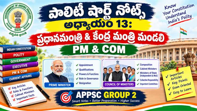పాలిటీ షార్ట్ నోట్స్ తెలుగు - ప్రధానమంత్రి మరియు కేంద్ర మంత్రి మండలి Prime minister & Council of ministers